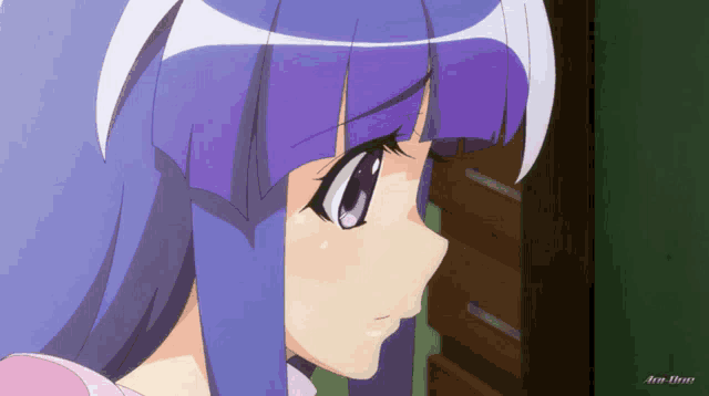 a close up of a girl 's face with purple hair and a green background