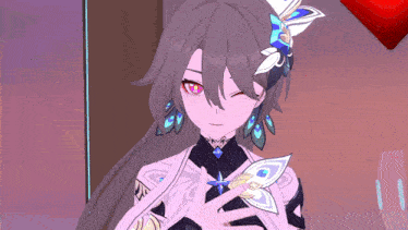 a girl with purple eyes and a butterfly in her hair winks