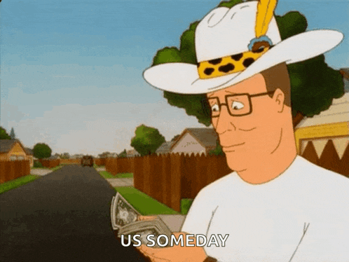a man in a cowboy hat is holding a pile of money and saying " us someday "