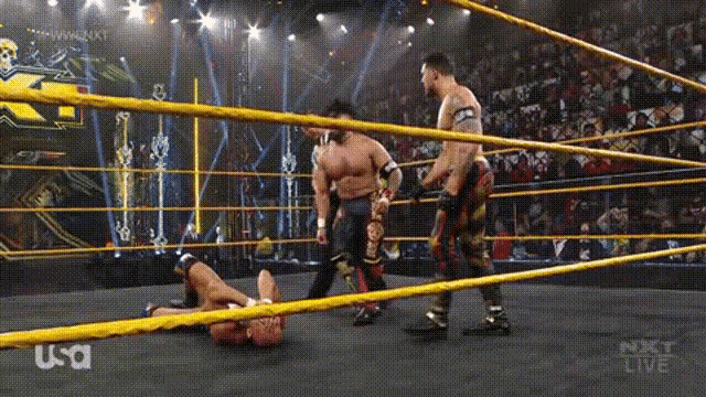 a wrestler is laying on the ground in a wrestling ring while two other wrestlers stand around him .
