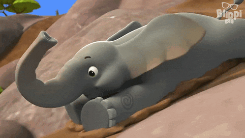a cartoon elephant is laying on a rock with the word blippi on the bottom right