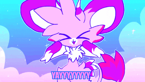 a cartoon drawing of a pink and purple animal with the words yaaaayyy written below it