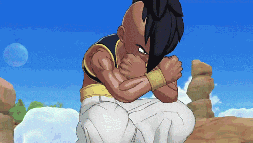a cartoon character is kneeling down with his hands folded in front of him