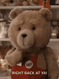 a teddy bear wearing a red apron is standing in front of a shelf and says `` right back at ya '' .
