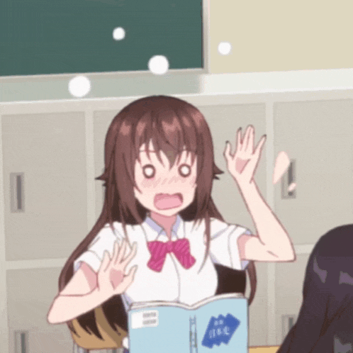 a girl in a school uniform is holding a book that says japanese on it