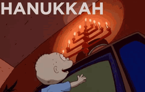a cartoon character is looking at a menorah with the words hanukkah above it