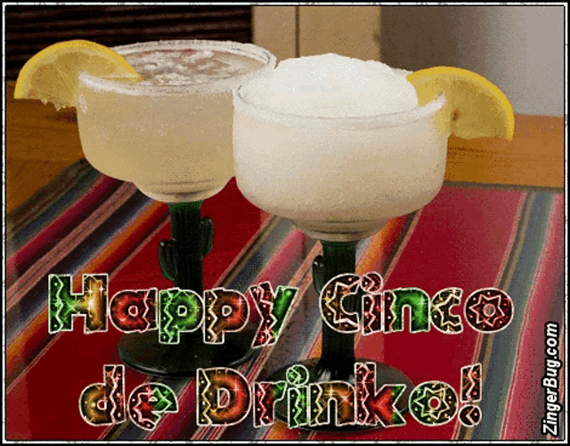 a happy cinco de drinko card with two margaritas