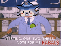 a cartoon of a man holding a microphone with the words testing one two three vote for me kabals on the bottom