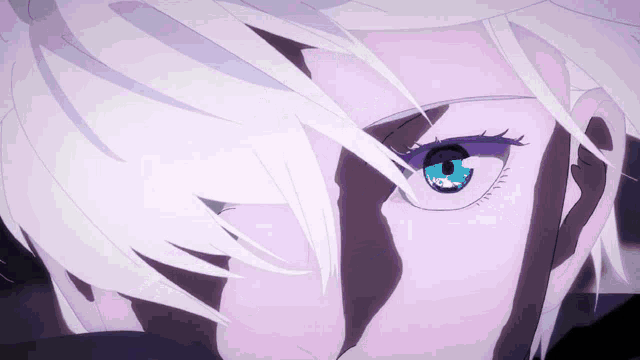 a close up of a person 's eye with white hair