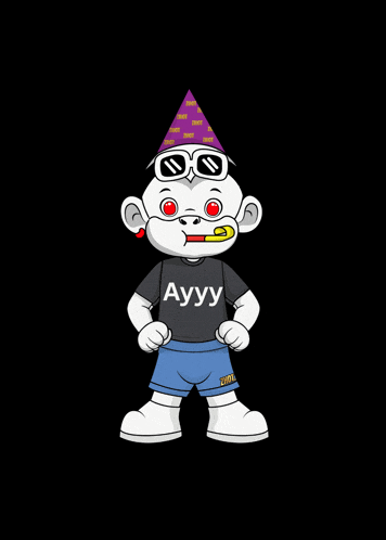 a cartoon character is wearing a party hat and sunglasses and has ayuu written on his shirt