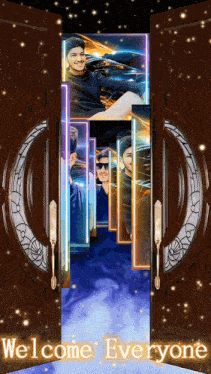 a door with a picture of a man and the words welcome everyone on the bottom