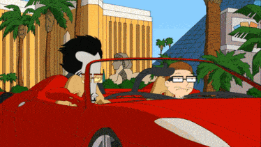 a cartoon of a man driving a red convertible