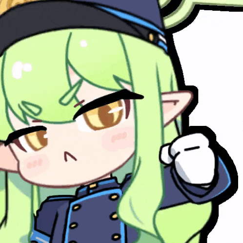 a cartoon drawing of a girl with green hair wearing a hat