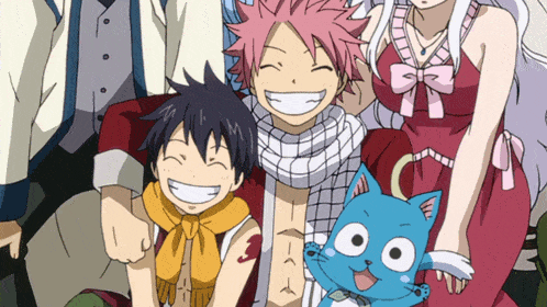a group of anime characters posing for a picture including happy the cat