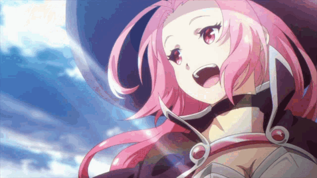 a girl with pink hair and red eyes is wearing a witch hat