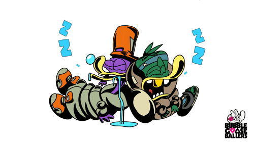 a cartoon drawing of a person sleeping with the words bubble goose ballers below them