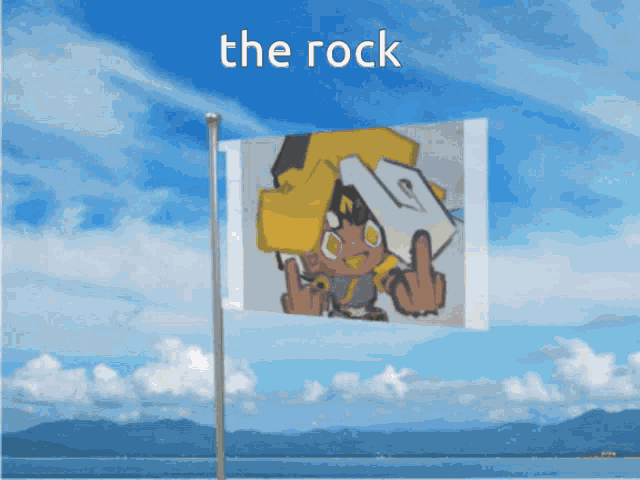 a flag with a picture of a person giving the middle finger and the words the rock