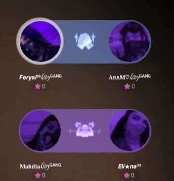 a couple of purple circles with a man and a woman in them