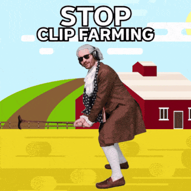 a man in a brown coat stands in front of a red barn with the words stop clip farming