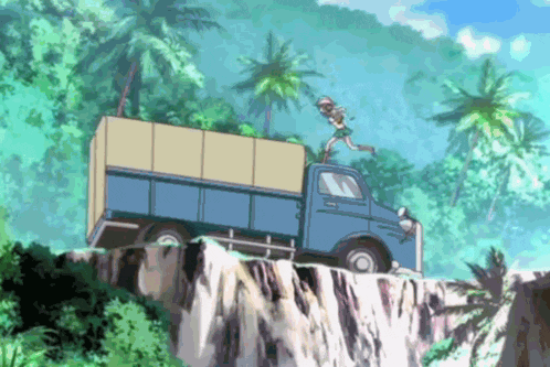 a girl is jumping off the back of a truck on a cliff