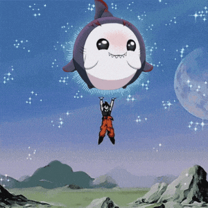 a cartoon character is flying in the air with a shark balloon