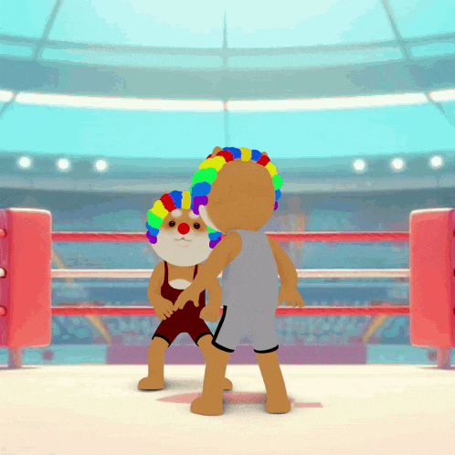 two cartoon characters in a boxing ring with one wearing a rainbow headband