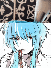 a drawing of a girl with blue hair eating a sandwich