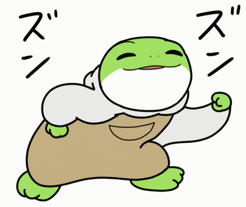 a cartoon of a frog wearing overalls and a white sweatshirt