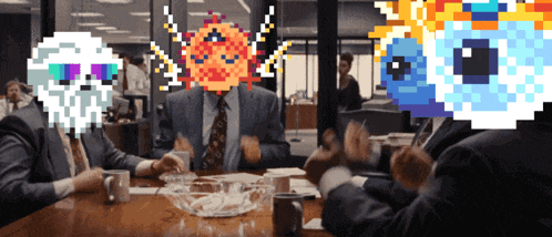 a group of people sitting around a table with pixelated faces on their heads