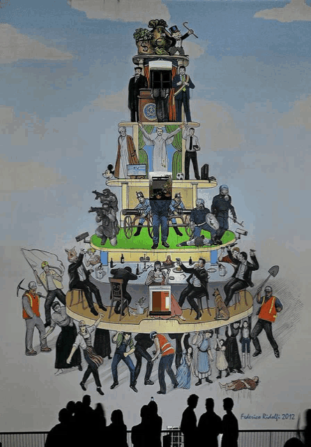 a painting by federico rudolfi shows a pyramid of people
