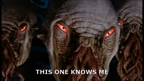 three monsters with red eyes and the words " this one knows me " above them