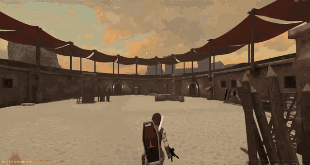a screenshot of a video game shows a man holding a shield