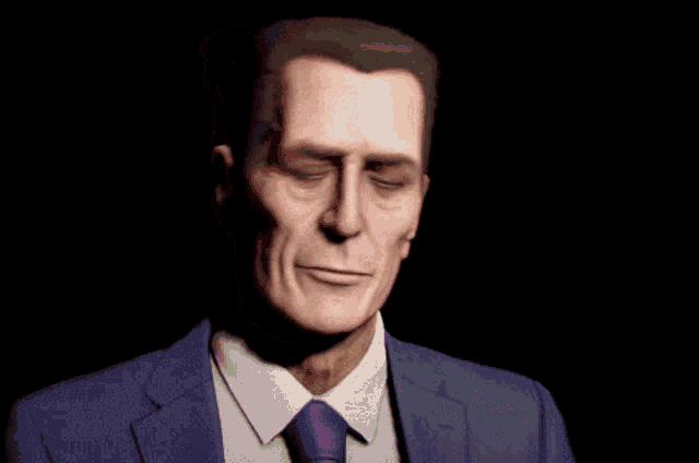 a man in a blue suit and purple tie looks down with his eyes closed