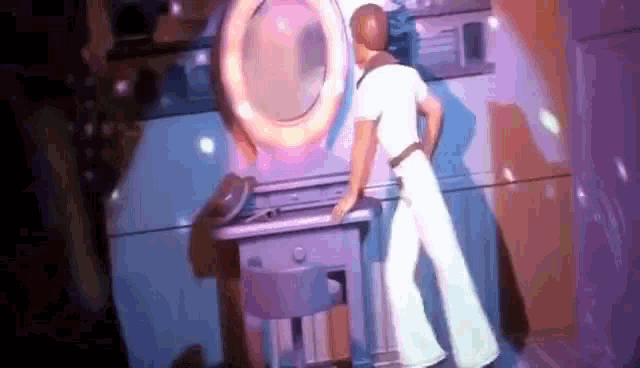a barbie doll is standing in front of a vanity with a mirror .