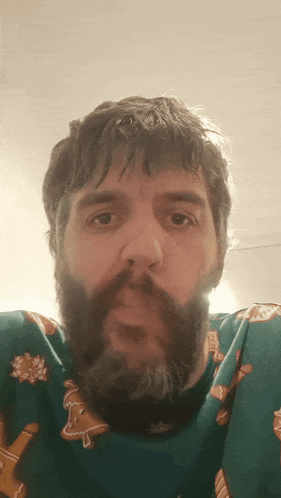 a man with a beard is wearing a gingerbread man sweater