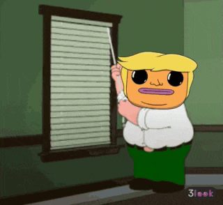 a cartoon character is standing in front of a window holding a stick