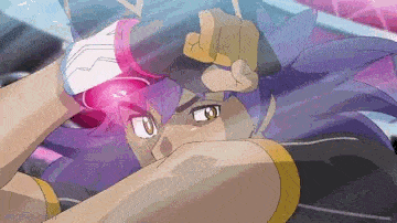 a close up of a cartoon character with purple hair holding a pink object .