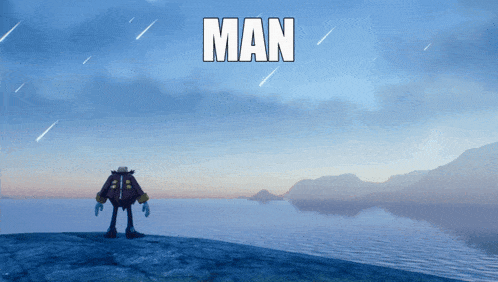 a cartoon character stands on a rock overlooking a body of water with the word man above him