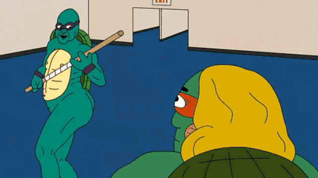 a cartoon of a turtle holding a sword in front of a sign that says exit