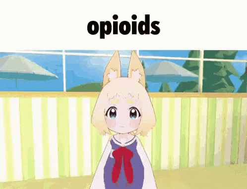 a cartoon girl is standing in front of a window with a sign that says opioids on it .