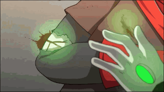 a cartoon drawing of a person holding a green object