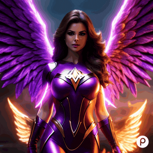 a woman in a purple and gold superhero costume has purple wings