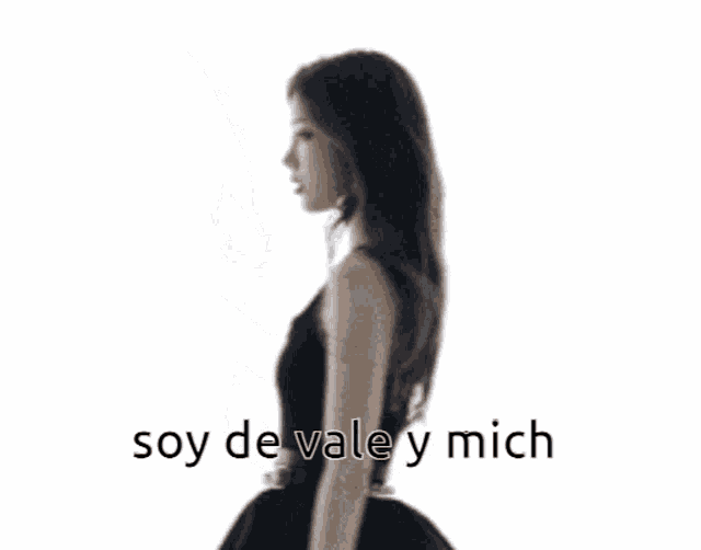 a woman in a black dress is dancing with the words soy de vale y mich below her