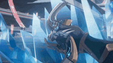 a video game character is holding a sword in front of a blue background