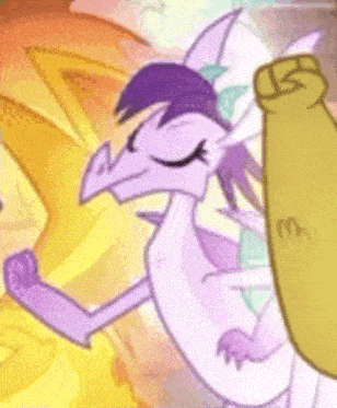 a close up of a cartoon dragon with purple hair and wings .