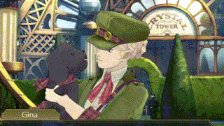 gina is holding a teddy bear in front of a tower