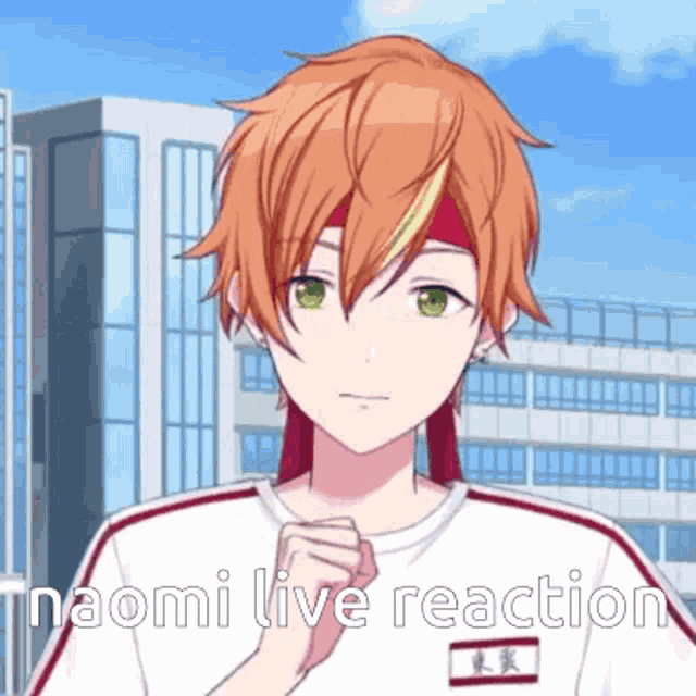 a boy with orange hair and green eyes is wearing a headband that says naomi live reaction on it