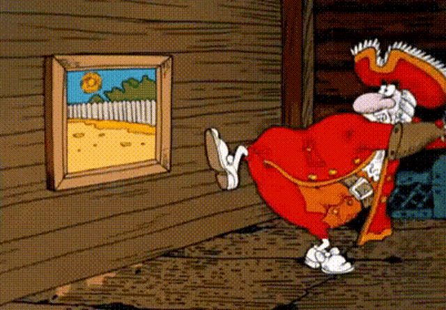 a cartoon of a man in a pirate costume looking at a painting on a wall .