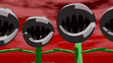 a row of plants with their mouths open and a red sky in the background