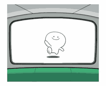 a cartoon character is standing in front of a window on a bus .